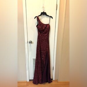 B Darlin Maroon Sequined Prom Dress
